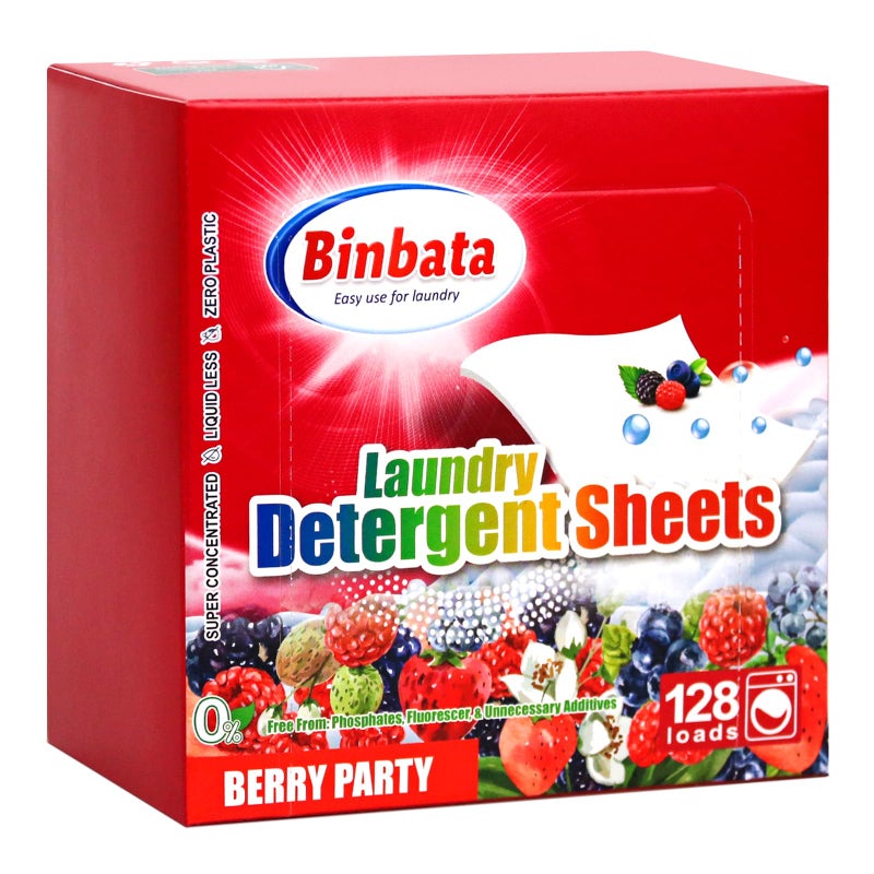 Binbata Laundry Detergent Sheets, Up To 128 Loads Berry Scent Hypoallergenic Eco-Friendly, Biodegradable Plastic Free Liquidless Laundry Sheets Suitable for Sensitive Skin - Image 1